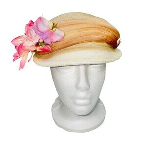 Vintage 60s Womens Juliet Hat Beige Floral Straw Ribbon Church Dress Up Theatre